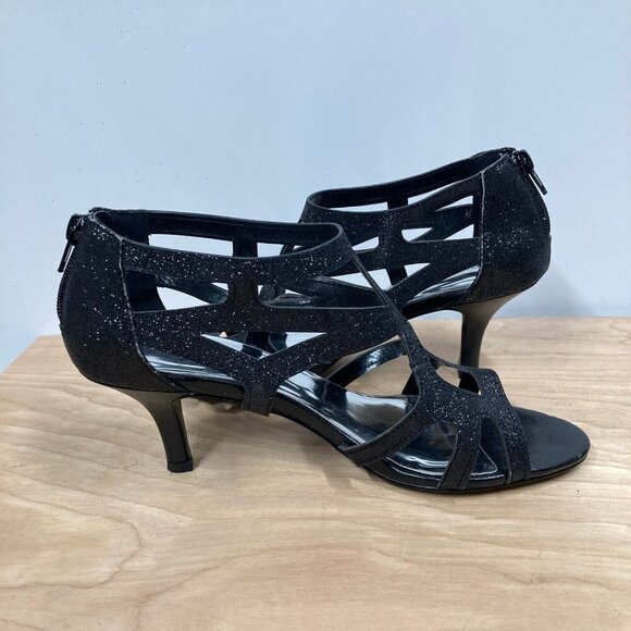 Easy Street Alive At 5 Flattery, Sz 8.5, Dress Dance Sandals Black Glitter Heels - Picture 4 of 9